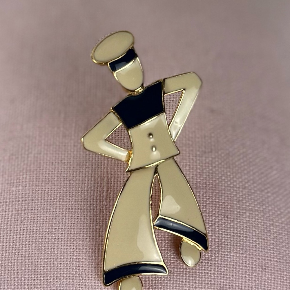 Vintage Signed Trifari Enamel Sailor Brooch – Gold Tone Navy & Cream Figural Pin
